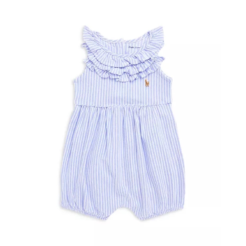 Ralph Lauren Baby Girl’s Striped Ruffled Bubble Romper One Piece Pinstripe